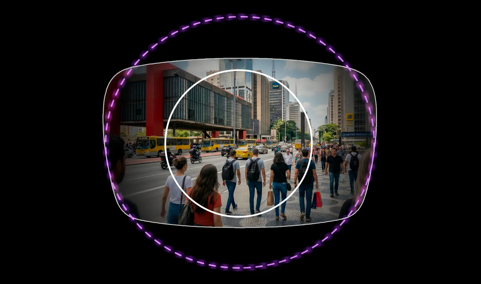 Diagrama do campo de visão: dois círculos concêntricos sobre uma cena urbana — o externo (HR-W) maior que o interno (convencional)